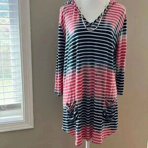 [L]Saint Tropez West Pink/Blue Tie Dye  Strips Hooded Tunic